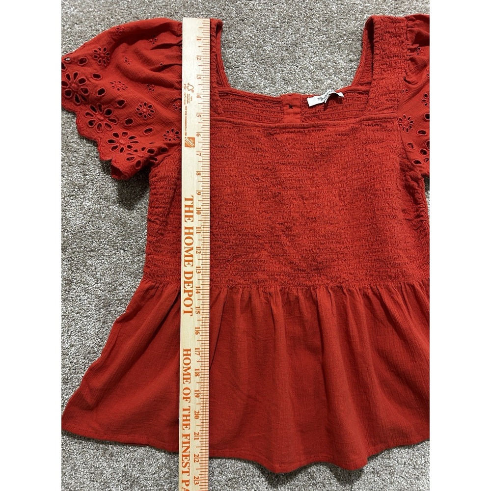 Madewell Women's M Eyelet-Sleeve Lucie Smocked Peplum Top Rust Color - Picture 3 of 7